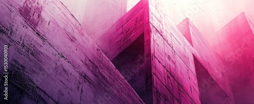 Abstract digital artwork depicting a series of angular, textured structures in shades of pink and purple, bathed in soft light
