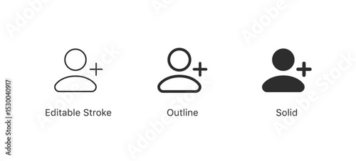 add new user icons with plus sign in editable stroke, outline, and solid styles . for adding new accounts or members