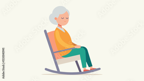 An elderly person sitting in a rocking chair their eyes closed and their body gently moving to the rhythm as they practice deep breathing exercises.. Vector illustration