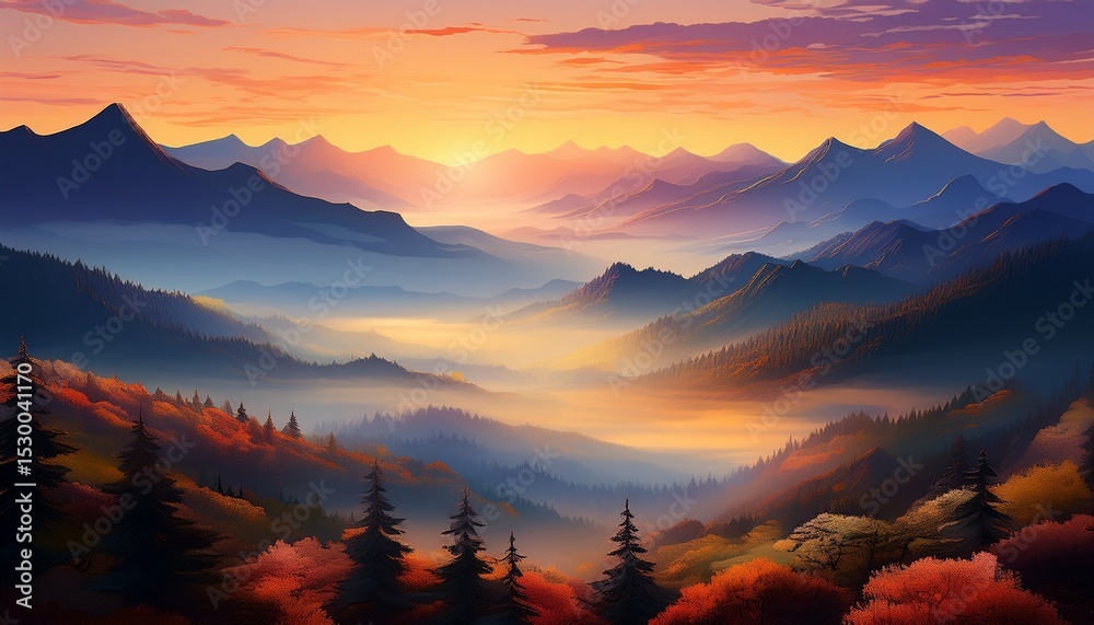 Obraz premium misty mountain majesty a serene sunrise landscape