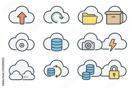 Cloud storage and backup icons representing data management solutions
