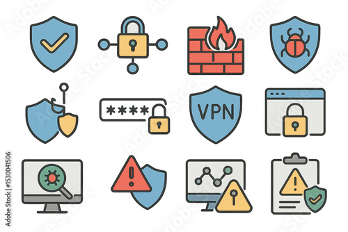 Cybersecurity icons: vpn, firewall, virus protection, encryption, safety symbols