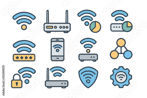 Wireless network icons set with routers, wi-fi symbols, and security elements