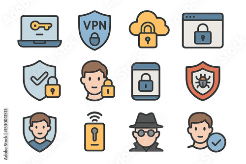 Secure vpn and cybersecurity icons featuring young male figures with locks