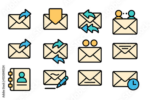 Email icons set featuring envelopes with arrows and contacts