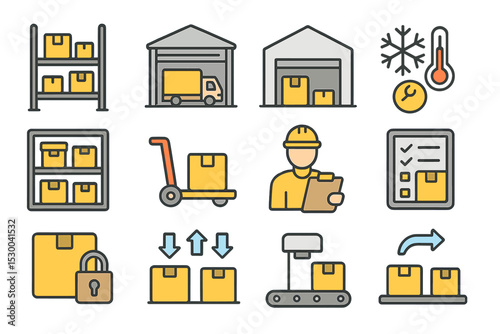 Warehouse logistics and inventory management icons set