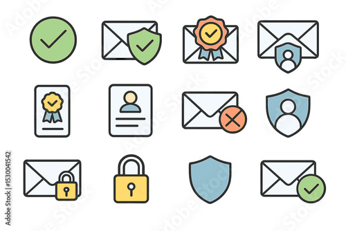 Email security and verification icons set for secure communication