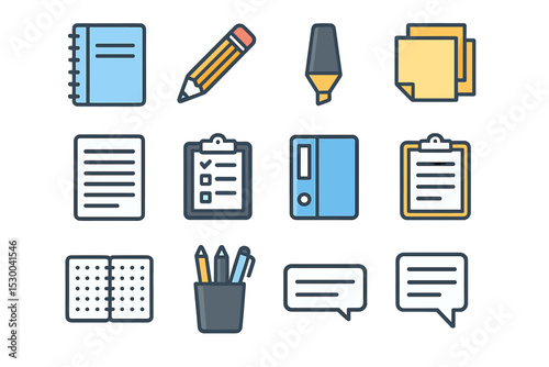 Set of office and school supplies icons for organization and note-taking
