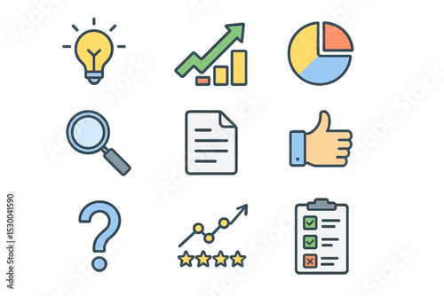 Business icons: growth, analysis, feedback, and decision-making symbols