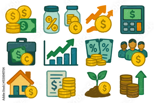 Financial growth and investment icons in colorful illustration
