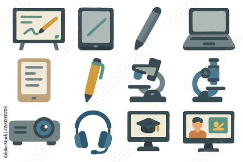 Educational technology icons set featuring online learning tools and gadgets