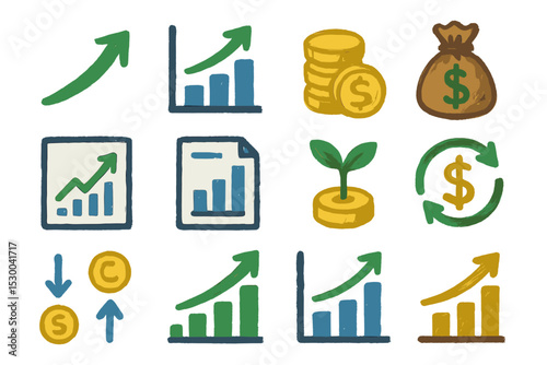 Hand-drawn financial growth icons with charts, coins, and currency symbols
