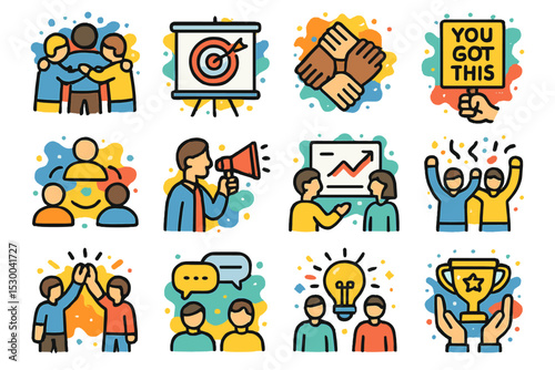 Colorful icons depicting teamwork and motivation in business settings