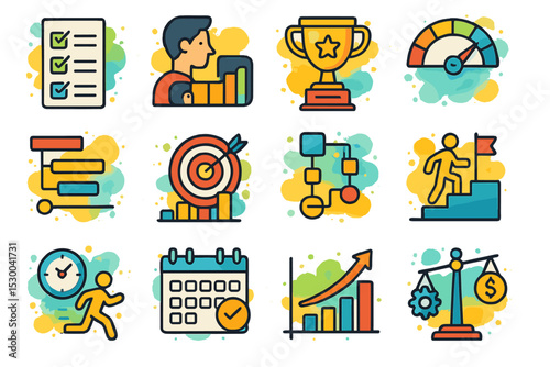 Colorful icons representing success, growth, achievement, and planning