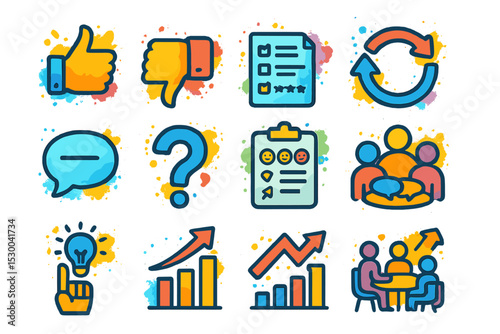 Colorful business icons set with charts, feedback, and collaboration symbols