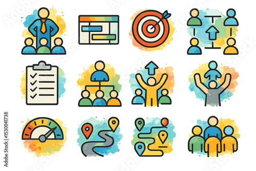 Business strategy and team management icons in colorful style