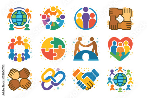 Vibrant symbols of unity and cooperation in global community icons