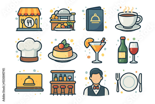 Colorful restaurant icons set with chef, food, drinks, and dining elements