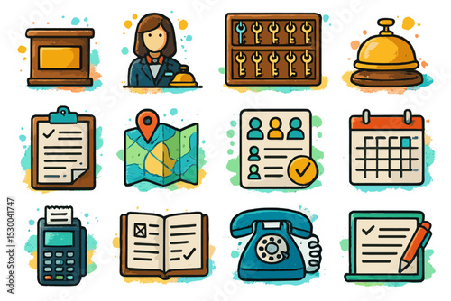 Cartoon icons of hotel reception and booking elements