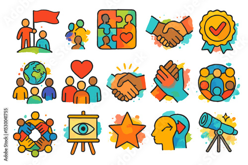 Colorful icons of teamwork, collaboration, and success