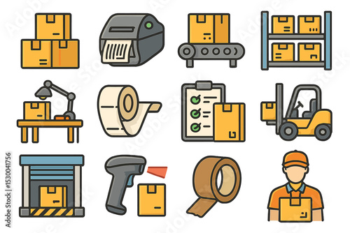 Logistics icons: boxes, warehouse, conveyor, forklift, scanner, tape, worker
