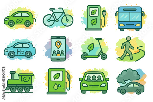 Eco-friendly transportation icons featuring car, bicycle, bus, train, scooter