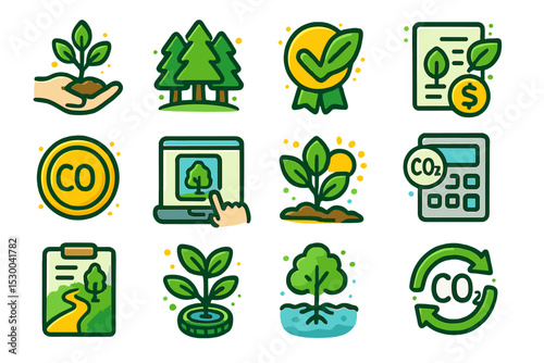 Eco-friendly icons illustrating sustainability and carbon neutrality concepts