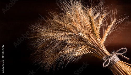 natural wheat sheaf with rustic tied string on dark background