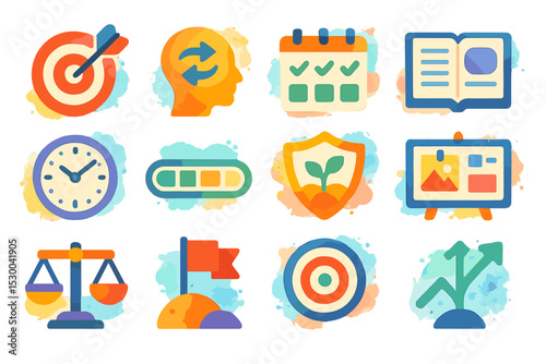 Colorful icons of productivity and time management concepts