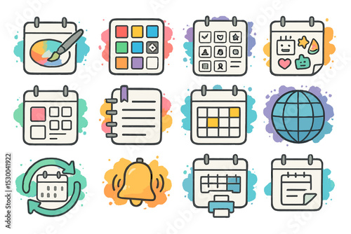 Colorful calendar and organizer icons with artistic design elements