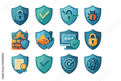 Cybersecurity icons: locks, shields, firewalls, antivirus, encryption symbols