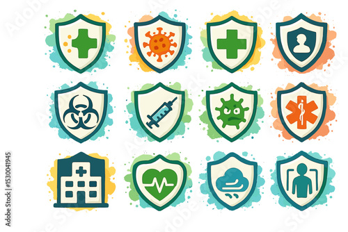 Medical and healthcare icons on shields - cross, virus, biohazard, heartbeat
