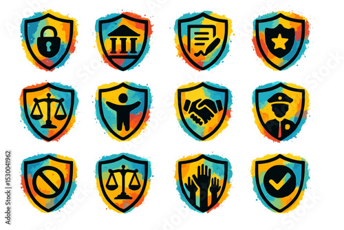 Legal and security icons on colorful background