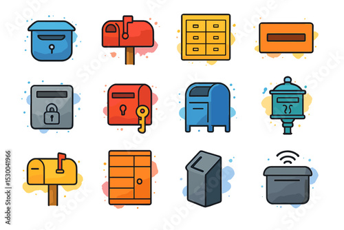 Colorful set of mailbox and safe icons on vibrant background