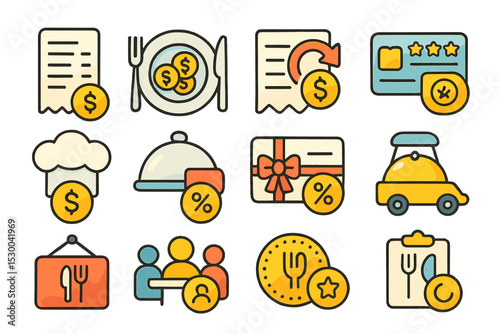 Colorful restaurant and hospitality icons with money and service elements