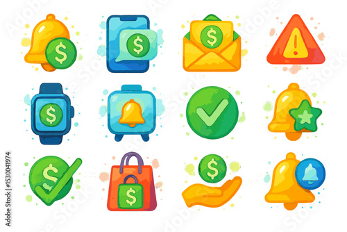 Colorful financial icons with notifications and alerts in watercolor style