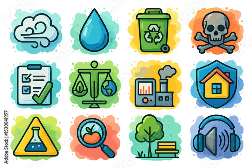 Environmental icons: pollution, recycling, and climate change symbols