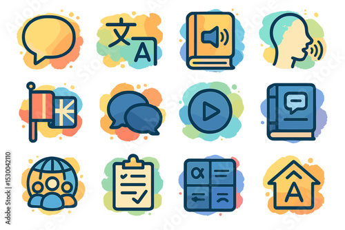 Language learning icons: translation, communication, audio, and global interaction