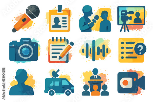 Journalism and media icons set featuring microphone and camera illustrations
