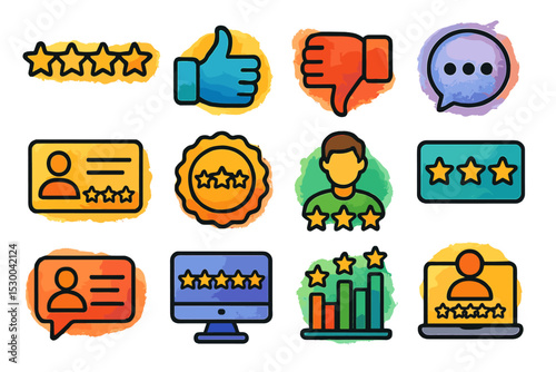 Colorful customer feedback icons with stars, thumbs, and charts