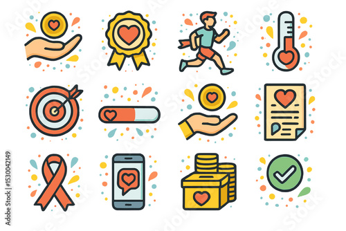 Charity and health icons featuring heart, donation, and fitness symbols