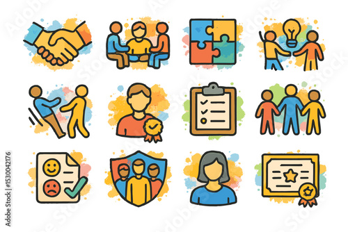 Colorful icons representing teamwork, leadership, checklists, and certificates