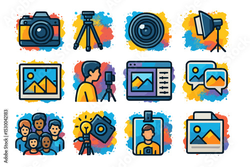 Colorful photography icons set with cameras and tripods on artistic background
