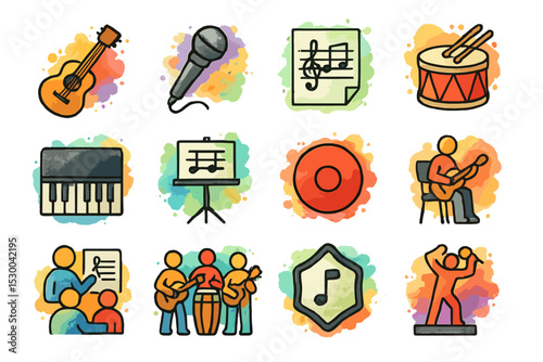 Colorful music icons featuring instruments, notes, and performers