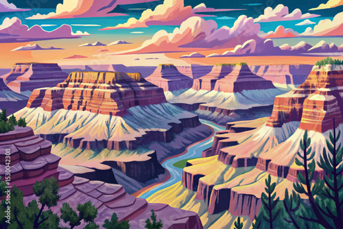 Vector landscape of the Grand Canyon in Arizona featuring deep rocky layers and a vibrant sunset sky perfect for travel, nature, and geology themes