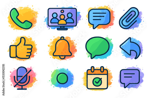 Colorful communication icons set on gradient background