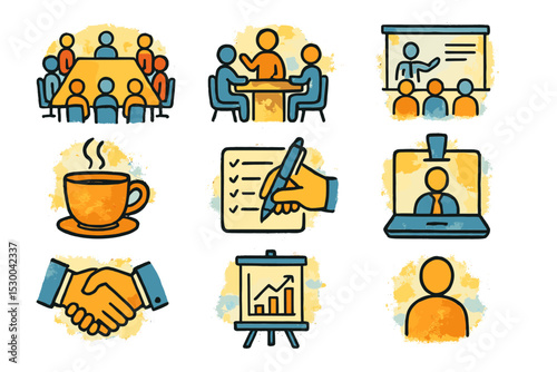 Hand-drawn office icons: meetings, presentation, coffee, checklist, handshake