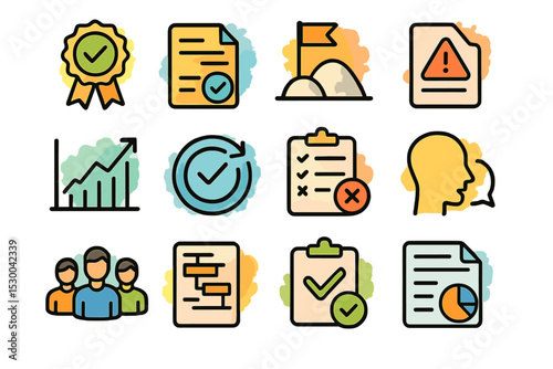 Colorful outline icons of business, documents, and analysis