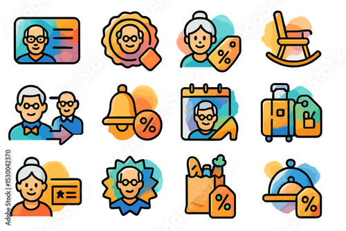 Elderly discounts and services icons with senior people and various items