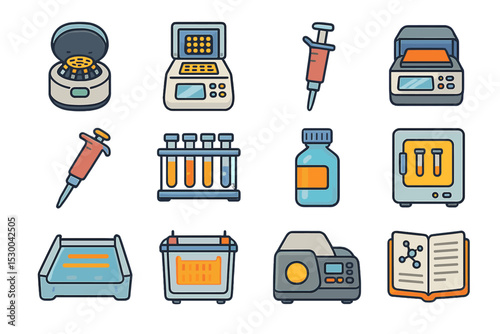 Laboratory equipment icons: centrifuge, syringe, vials, microscope, incubator